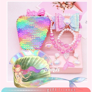 Girls Mermaid Jewelry Gift Set Kids Pendant Neckalce Bracelet Earring Reverse Sequin Coin Bag Sweet Unicorn Present Box