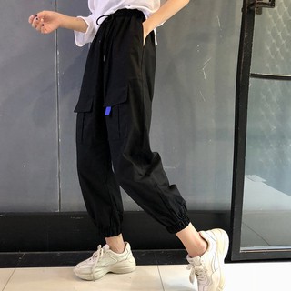 Unisex Harajuku Style Streetwear Elastic High Waist Solid Casual Cargo Pants