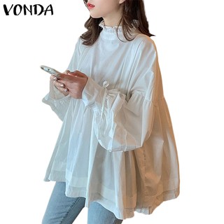 Vonda Women Baggy Long Sleeve High Neck Cotton Blouse (1)