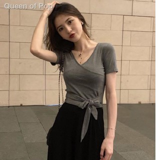 【COD】Short-sleeved Women Clothes 2020 Summer New Style Bottoming shirt Personality Bandage Low-cut Tops
