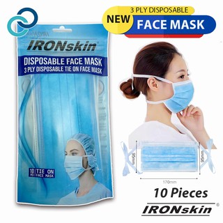 IRONskin 3 Ply Disposable Medical Face Mask Tie On / Ear Loop 10 Pieces/ Pack