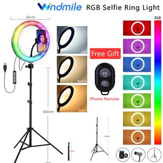 Windmile 33/26/20cm RGB Ring Light Dimmable Stepless Selfie Ringlight LED with Tripod Stand Phone Holder for Live broadcast Makeup Photography Vlog Tiktok