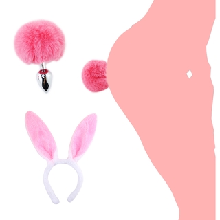 Silicone Anall Tail Fluffy Hand cuffs Pink Rabbit Ear Bunny Girl Cosplay Sex Accessaries Short Butt Plug Tails BDSM Hand