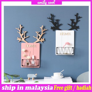 [M'sia] Ready Stock Creative wind antler wall shelf home living room wall decoration storage finishing iron grid hanger