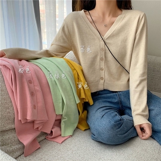 Ready Stock Korean New Women Solid Color Short Blouse Shirt V Collar Long Sleeve Sweater Muarh
