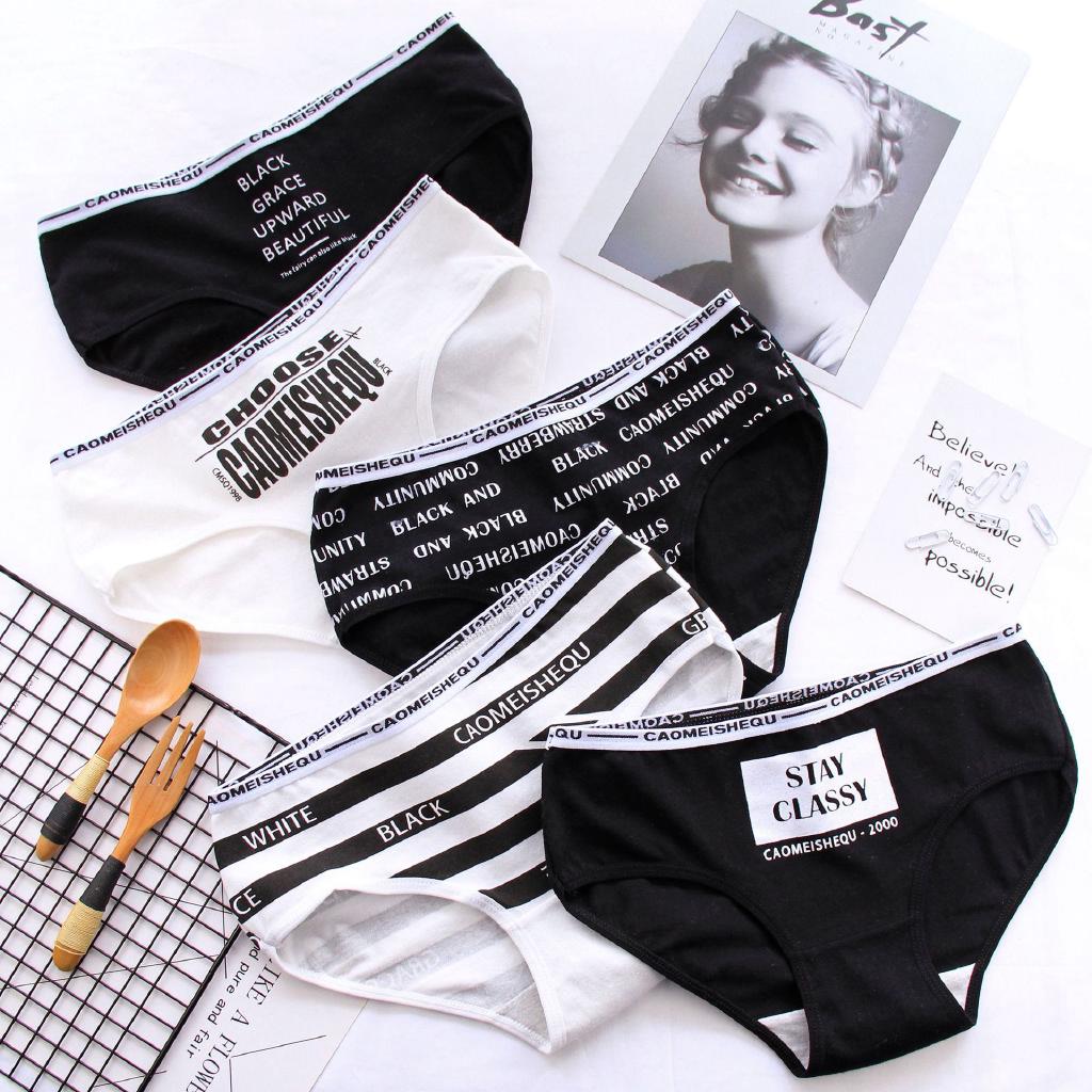 5 Piece Lovely Letter Striped Black White Panties for Girls Middle Waist Panties