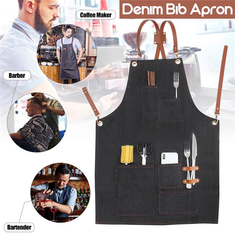 Denim Bib Retro Aprons Leather Strap Barista Barber Bartender BBQ Chef Practical Multi-functional Workwear Uniform