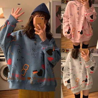 Ready stock ✔ Linki plus size cute doodle sweater loose casual long sleeve top women clothing 92732
