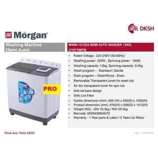 OFFER*Morgan12kg Semi Auto Washing Machine MWM-1312SA/MESIN BASUH/半自动洗衣机#BETTER THAN KHIND WM717/MSW6008P/MSW8008PEST701