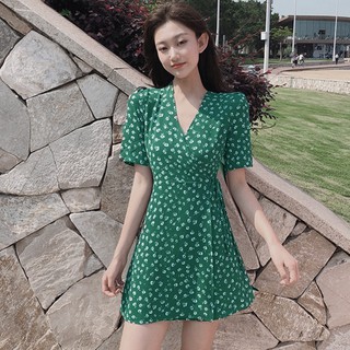 Women Fashion Floral Print Dress V-Neck Short Sleeve Green Dress