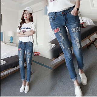 Ready Stock ! Student hole jeans Women Korean patch was thin pencil pants