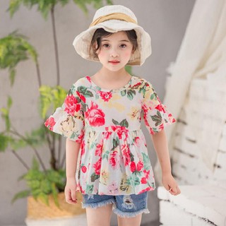 IU Cotton Tops Dress Summer Flower Children Clothes Baby Girl Casual Short Sleeve Blouse