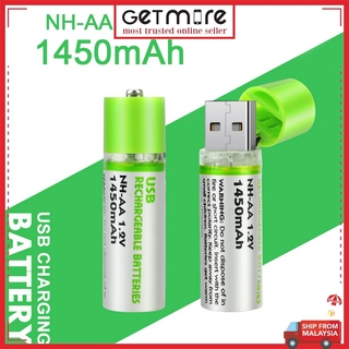 Original 2PCS USB Rechargeable AA Batteries with Charger NI-MH 1.2V 1450mAh Battery