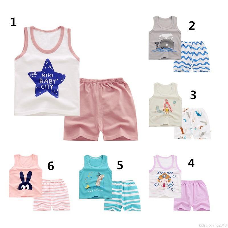 2Pcs Summer Kids Boy Girl Cartoon Vest+Shorts Pants Set 0-6t