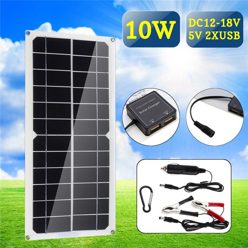 10W DC12-18V Solar Panel Double USB Port Camping Hiking Cycling Traveling Charge