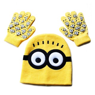 Winter Cartoon Minions Gloves Hat Set Kids Warm Knitted Cap Gloves Baby Beanies