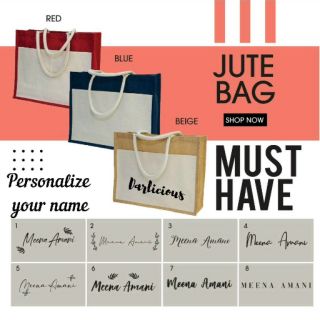 Personalised name Jute bag in beige /red /blue color