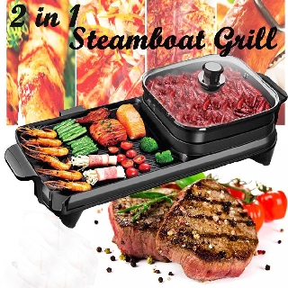 2 IN 1 Non Stick Barbeque Grill BBQ Griddle Steamboat Smokeless 1800W/Pemanggang BBQ 2 Dalam 1
