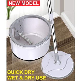 Flat Spin Mop w/ 5L Pail Round Head Mop Microfiber Cloth Mop Spinner Mop Set Wash & Dry Floor Cleaner Mop Lantai Mop