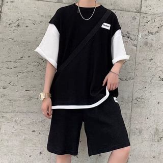 READY STOCK 2021 summer couple waffle fake two pieces short sleeve T-shirt suit men's Hong Kong style trendy handsome